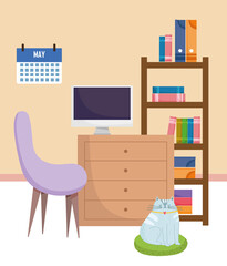 Poster - home office interior chair table computer calendar bookshelf and cat