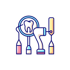 Sticker - Dental equipment RGB color icon. Professional stomatology equipment. Dental procedures. Instruments for dental treatment. Cosmetic dentistry. City family dentistry. Isolated vector illustration