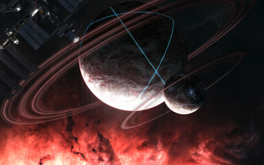 incredibly beautiful space landscape. glowing structures on surface of planet with rings. space stat