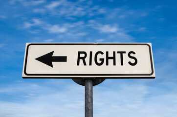 Rights road sign, arrow on blue sky background. One way blank road sign with copy space. Arrow on a pole pointing in one direction.