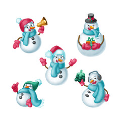 Set of cheerful snowmen cute characters, clipart Merry Cristmas. New Year cartoon collection, illustration isolated on white