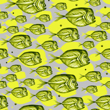 Seamless Pattern With Yellow Fishes. Hand Drawing. Illustration