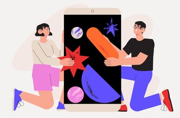 Wall Mural - developers building mobile application from abstract shapes for business. ui ux design, app project 