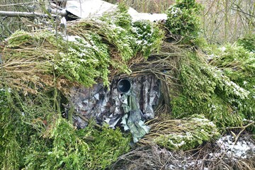 Wall Mural - Camouflage cover in nature in the bushes for photographing wildlife in snowy winter