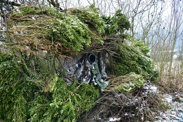 Wall Mural - A view of a camouflaged lens in the bushes when photographing wildlife