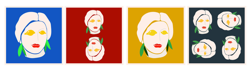 Set of print designs with a lady's face with lemon instead eyes. Funny vector woman portrait for printing on t-shirts, bags, notebooks, post cards. Sicilian colors. Ancient Greek sculpture