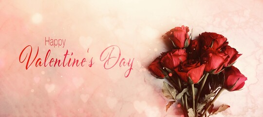 Wall Mural - Happy Valentine's Day. Red roses on marble in vintage style. Background banner, greeting card