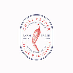 Wall Mural - Chili Hot Pepper Frame Badge or Logo Template. Hand Drawn Red Vegetable Sketch with Retro Typography and Borders. Vintage Premium Oval Emblem. Isolated