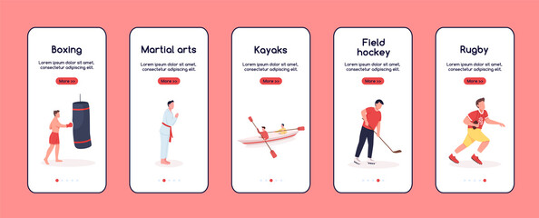 Wall Mural - characters in sport onboarding mobile app screen flat vector template. favourite hobbies. walkthroug