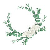 Fototapeta  - Watercolor floral wreath with green eucalyptus leaves and white rose flowers. Hand drawn summer botanical illustration perfect for wedding invitations, cards.