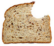 Slice of organic seeded wheat bread with bite missing. Isolated.