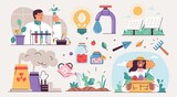 Fototapeta Pokój dzieciecy - Collection of ecology illustrations. Eco friendly people set protecting the environment, sorting and collecting waste, using alternative energy and ecological transport. Vector