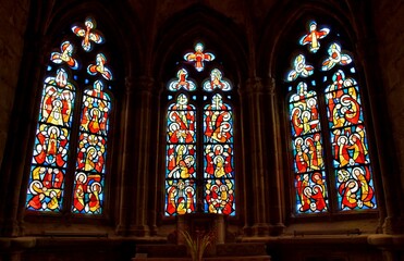 beautiful stainglass inside the treguier cathedral in brittany. france