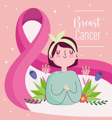 Wall Mural - Breast cancer cute woman with pink huge ribbon flowers card