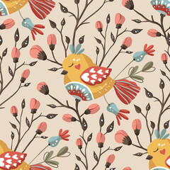 Wall Mural - cute bird and flower seamless vector pattern. floral ornate folk art cartoon wallpaper ornament.