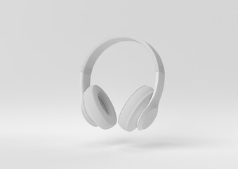Wall Mural - white headphone floating on white background. minimal concept idea. monochrome. 3d render.