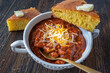 bowl of homemade chili with cornbread
