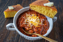 Bowl Of Homemade Chili With Cornbread