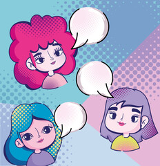 Wall Mural - pop art cute girls speech bubbles comic halftone style