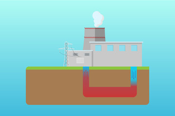 Geothermal station in flat. Isolated on blue background