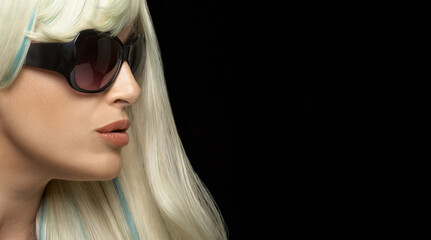 Poster - Beautiful woman in sunglasses isolated on black background