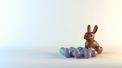 chocolate easter bunny with colorful eggs isolated on white background