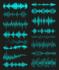 Music waves logo and audio symbols collection on black background. Modern sound equalizer elements set. Digital waveform technology template. Jpeg