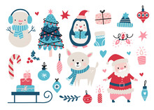 Christmas Set In Hand Drawn Style Includes Animals, Santa And Other Elements. Vector Illustration.