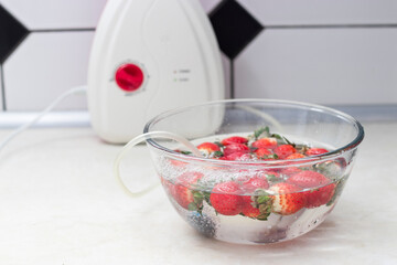 strawberry in a bowl with water with a round ozonating stone. Tubes leading to oxygen pump and ozone generator. ozonation fruit. Food disinfection with ozon.