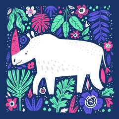 Cute white rhino hand drawn vector illustration. Friendly rhinoceros cartoon character. Adorable african animal with pink horn isolated on blue background. Childish t shirt print design