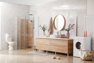 Poster - Modern bathroom interior with stylish mirror and vessel sink