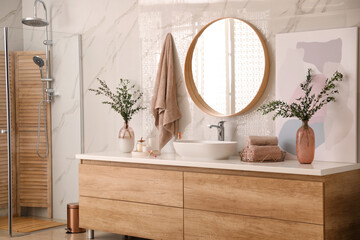 Poster - Modern bathroom interior with stylish mirror and vessel sink