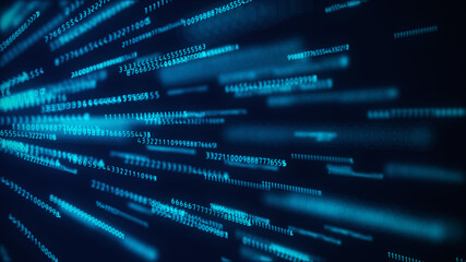 Fototapete - Stream of numbers, modern blue digital background. Virtual reality, abstract matrix background. Data flow, concept of falling money. Calculations, data processing, cyber security.