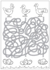 Wall Mural - Maze for kids. Kids game and coloring. Children worksheet with cute cartoon chicken, turkey and duck. Activity page. Educational riddle. Vector illustration.