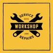 Color illustration of crossed wrenches, tape, text on a background with texture. Vector illustration in vintage style for emblem, print, banner. Service center advertisement. Workshop symbol.