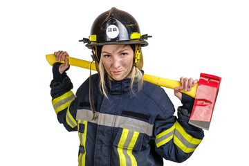 Wall Mural - Young brave woman in uniform and hardhat of firefighter with axe on shoulders looking at camera on white background. Dirty face, clipping path