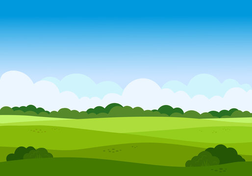 vector cartoon meadow landscape with grass. blue sky with white clouds. flat valley landscape. empty