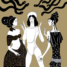 Aphrodite And Persephone Arguing Over Adonis. Ancient Greek Mythology. Hand Drawn Original Style Art. Male And Female Archetypes.