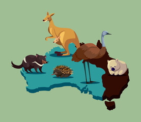 Poster - map of Australia with cute animals wildlife