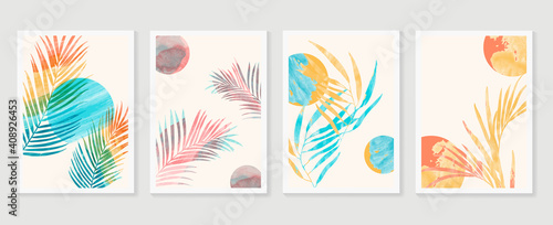 summer tropical wall arts vector. Palm leaves, monstera leaf, Botanical  background design for wall framed prints, canvas prints, poster, home decor, cover, wallpaper. © vectortwins