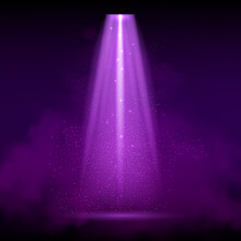 Purple Spotlight. Bright Lighting With Spotlights Of The Stage With Purple Ducst On Transparent Background.