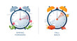 © shlyapanama - Daylight Saving Time concept. Set of alarm clocks, text fall back, spring forward. Landscapes collection, the clocks turning to summer and winter time for website design. Flat vector illustration