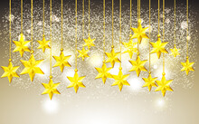 3d Festive Illustration, Yellow Six-pointed Stars Hang On Strings On A Shiny Gold Background