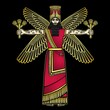 Cartoon color drawing: bearded man with four wings holds the rods of power in his hands. Character in Assyrian mythology. God, angel, prophet. Vector illustration isolated on a black background.