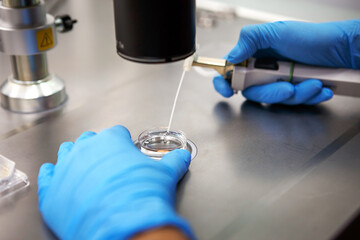 Wall Mural - Hands of a scientist in the laboratory with a test tube and a microscope. The invention of the vaccine, a doctor in the clinic of artificial insemination IVF. Tests, fertilization of the egg