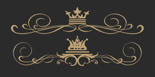 Calligraphic Design Elements In Royal Style: Borders, Rotate, Scroll For Graphic Design, Gold On Black Background, Vector Set