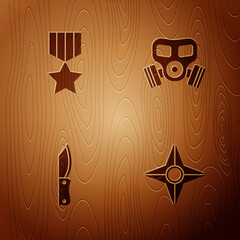 Sticker - Set Japanese ninja shuriken, Military reward medal, knife and Gas mask on wooden background. Vector.