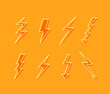 Vector Set of Ligthning Icons, Colorful Yellow Background, Fast Speed Signs, Bright Colors.
