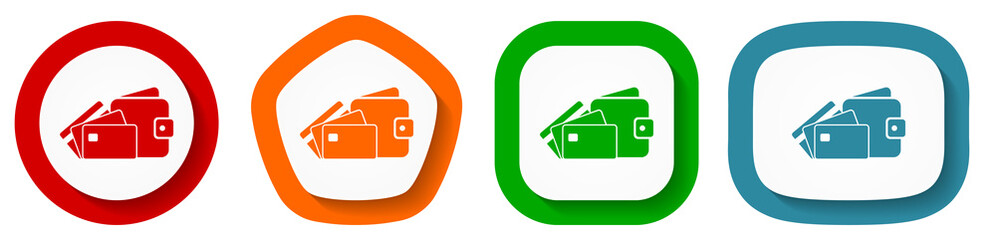 Leinwandbilder - Wallet and credit cards, business vector icon set, flat design buttons on white background for webdesign and mobile phone applications