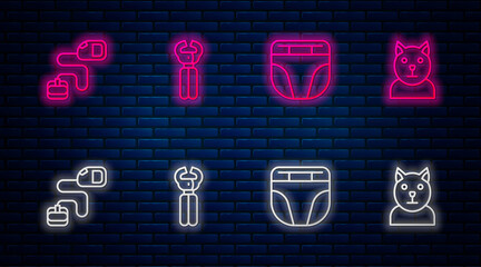 Sticker - Set line Pet nail clippers, Diaper for dog, Retractable cord leash and Cat. Glowing neon icon on brick wall. Vector.